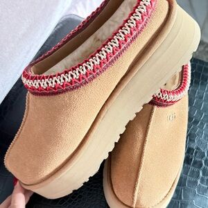 UGG Tan Mules with Red Accents